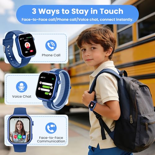 4G Children's Smart Watch with GPS, Dual Camera, Video Call, Voice Chat, SOS, Class Mode, Flashlight, IP68, Pedometer, Gift for Boys and Girls, Blue, 3 Year Warranty