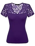 Zeagoo Womens Floral Lace Top Fitted Casual V Neck Short Sleeve Blouse,Purple, Large