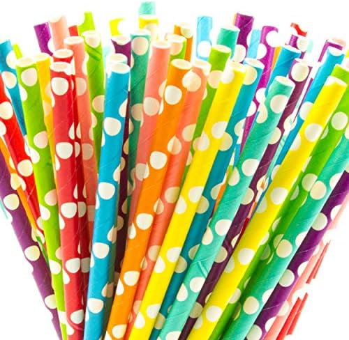 200 Pack Biodegradable Paper Straws | 8 Unique Colours | Polka Dot Drinking Straws | Bulk Paper Straws for Juices…