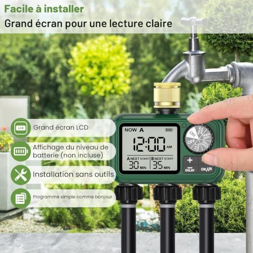 3 Way Water Timer with Brass Inlet, Large LCD Display, Automatic Watering for Garden, Programmable Irrigation, Simple Use, Rain Delay Manual Watering for Garden