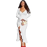 AIBEARTY Women's Sexy V Neck Ruffle Split Dress Flare Long Sleeve Single Breasted Bodycon Irregular Party Evening Dresses