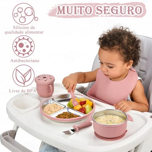 Kit Introdução Alimentar Bebe, Kit de 9 Alimentação Bebe Inox e Silicone, com Pratinho e Bowl de Alimentação com Ventosa, Babador, Copo, Tampa com Canudo, 2 Talheres Silicone e 2 Talheres Inox (Rosa)