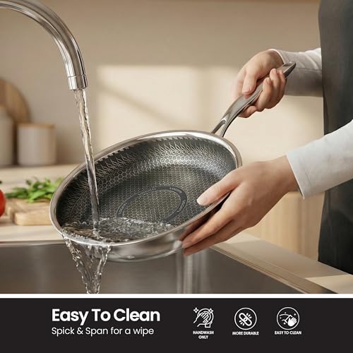 VOGATI FRY PAN 24CM TRY-PLY STAINLESS STEEL (3 LITRES) WITH GLASS LID -WELDED HANDLE-INDUCTION COMPATIBLE COVERED PAN-SHALLOW CASSEROLE - (100% PFOA FREE) (3 Litres)