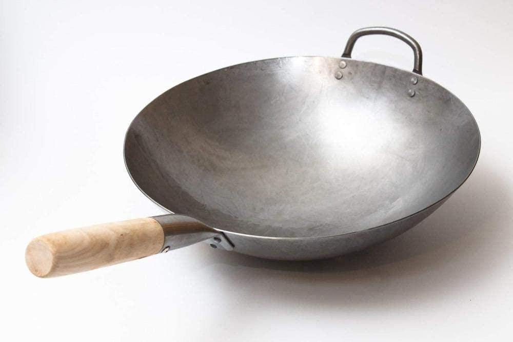 Wok Traditional Hand Carbon Steel Wok with Wooden and Steel Auxiliary Handle (36 Round Bottom)