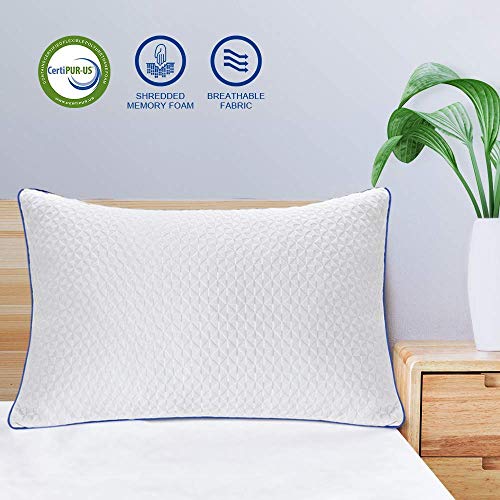 Viewstar Shredded Memory Foam Pillow Adjustable, Queen Size Bamboo Cooling Bed Pillow for Sleeping, Soft and Hypoallergenic, Suitable for Side, Back, Stomach Sleeper, 1 Pack