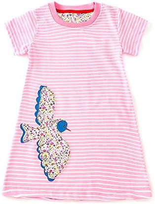 Hongshilian Girls Casual Cotton Short-Sleeved Cute Cartoon T-Shirt Dress(4T,Bird &amp; Pink)