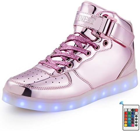 AFFINEST LED Light up Shoes Boys High Top Rechargeable Fashion Flashing Sneakers with Control App Leather Upper Boots for Kids Girls(LMPink,33)