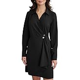DKNY Womens Long Sleeve Collared Neck Mini Faux Wrap Front Button Detail Dress