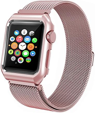 Leefrei Apple Watch Band Milanese Loop Stainless Steel Replacement Strap with Metal Protective Case for Apple Watch Series 3 Series 2 and Series 1 38mm - Rose Gold