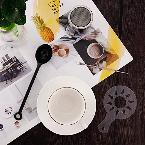 Xinzistar Kakaostreuer für Cappuccino Edelstahl Kakao Streuer Cappuccino mit 16 Schablone Puderzuckerstreuer Staubzuckerstreuer Schokoladenstreuer Kaffeezubehör mit Coffee Art Pull Pin, Rührlöffel – Bild 8