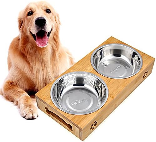Elevated Dog Cat Bowls, MLCINI Raised Solid Bamboo Stand Food Water Pet Feeder with 2 Stainless Steel Bowls and Anti-Slip Feet