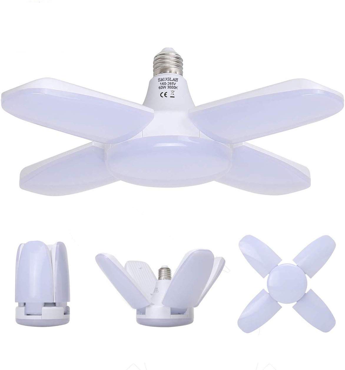 SAUGLAE LED Garage Lights, E27 Deformable 60W 6800LM, Warm White 3000K, LED Light Bulbs with 4 Adjustable Panels for Garage, Warehouse, Workshop, Basement (Pack of 1)