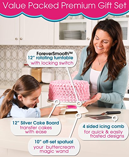 Smoothest Spinning 12 Inch Cake Turntable- Easiest Rotating Stand and Decorating Supplies Kit Complete w/Offset Spatula, 4 Side Icing Bench Scraper, Lifter Board a Perfect Frosting Baking Set (PINK)