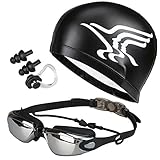 5 in 1 Swimming Goggles + Swim Cap + Nose Clip + Ear Plugs + Case, Waterproof, No Leaking, Anti-Fog, UV Protection, Free Protection Case, Comfortable Fit for Adult Men Women Youth Kids Child