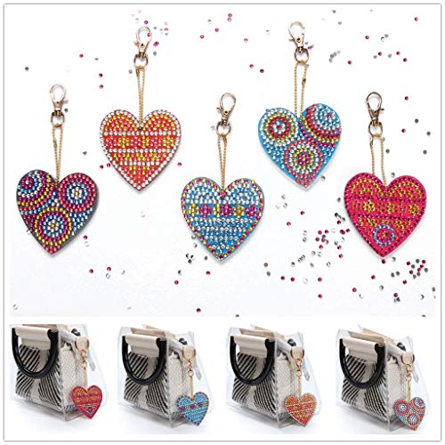 5D DIY Diamond Painting Keychain, 5 pcs Love Heart Shape, Mosaic Making Full Drill Special Shape Diamond Painting Kit for Bags, Smartphone Straps, 5 Pack