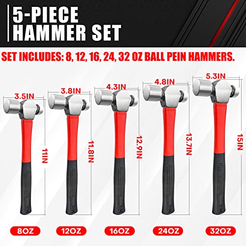 C&T 5Piece Ball Peen Hammer Set, 8, 12, 16, 24, 32ozFiberglass