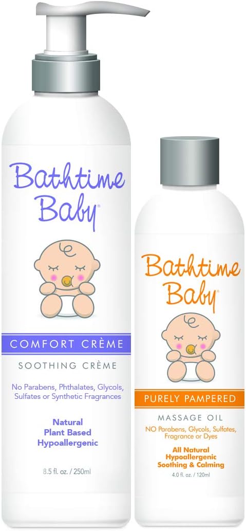 Bathtime Baby Comfort Creme Soothing Creme Lotion & Purely Pampered Massage Oil Set, 8.5 oz. + 4 oz. || Safe & Gentle, Natural, Toxin-Free, Sulfate-Free, Paraben-Free, Hypoallergenic