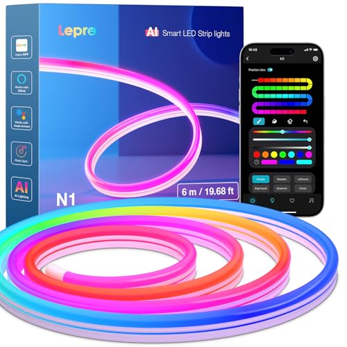 Lepro AI Neon LED Strip 6 m, LED Strip with App, Music & Voice Control | Compatible with Alexa & Google Assistant, for living room, gaming, party, wall decoration, personalised AI light designer
