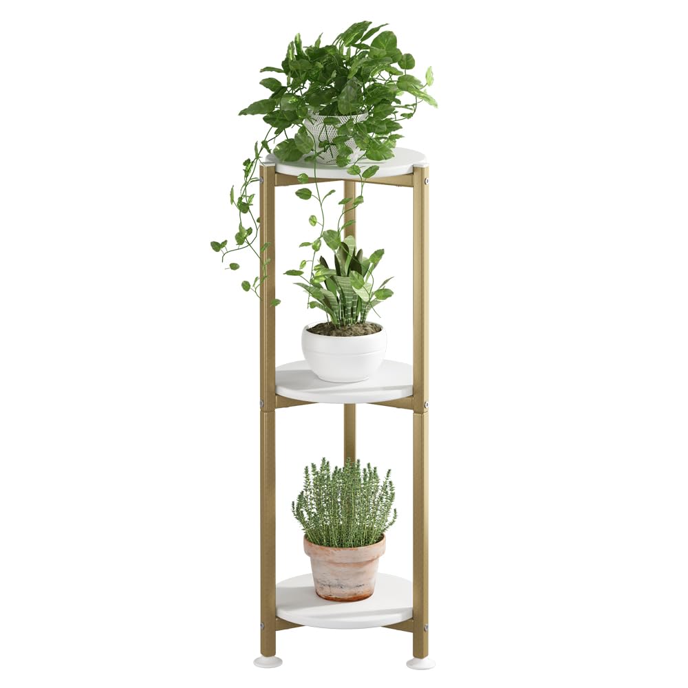 YIZAIJIA Plant Stand Indoor Outdoor 2 Tier Tall Metal Corner Storage Tiered Plant Shelf Holder Multiple for Living Room Balcony Garden,Black (3 Tier-Gold Round) Image