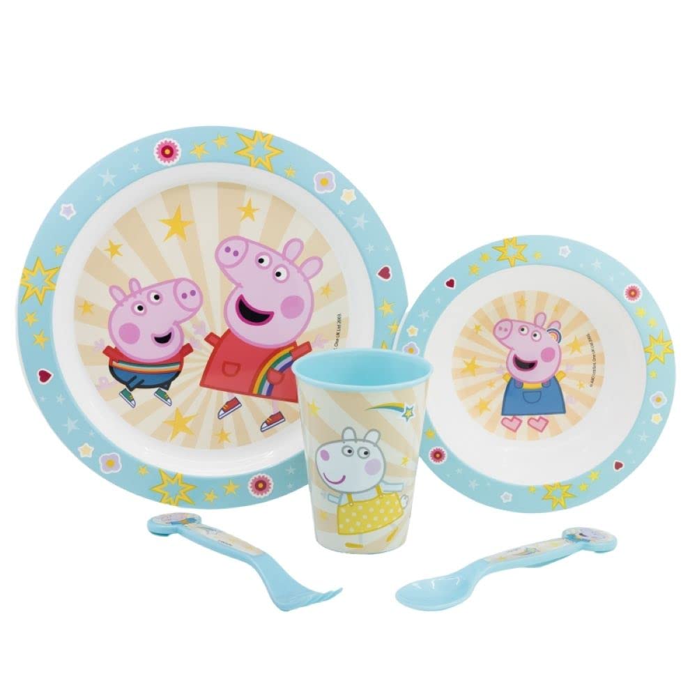 Peppa George Cartoon Character Dinner Tableware Set 5pcs Plate, Bowl, Cup & Cutlery, BPA Free re-usable Plastic Microwave Safe (Peppa)
