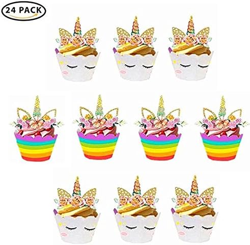 Unicorn Cupcake Topper Handmade Cake Topper Decoration Double Sided Cupcake Wrappers ,Baby Shower Wedding Kids Party Decoration Supplies Set of 24