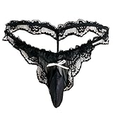 FEESHOW Men's Lace Thongs G String Underwear Crossdress Sissy Pouch Panties Black Large(Waistline:26.0-42.5
