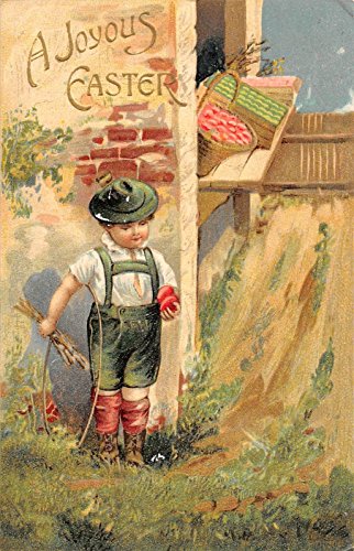 Joyous Easter Greeting young boy dyed eggs outdoor scene antique pc Y8589