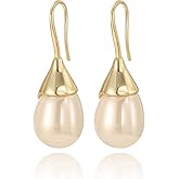 WASAIE Unique Cream White Pearl Teardrop Drop Dangle Earrings for Women,Trendy Geometric Dangle Formal Hook Earrings for Wedding Prom