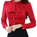 E.JAN1ST Women's Long Sleeve Shirt Tie Bow Neck Button End Slim Fit Chiffon Blouse