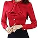 E.JAN1ST Women's Long Sleeve Shirt Tie Bow Neck Button End Slim Fit Chiffon Blouse, Red, TagsizeXXXXL=USsize12