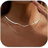 ​​14K Gold Plated Dainty Necklace for Women, Double Snake Chain & Herringbone Layered Necklace, Hypoallergenic Brass Jewelry 16"+2"​​