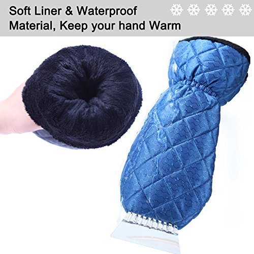 Ice Scraper Mitt For Car Windshield Snow Scrapers with Waterproof Glove Lined of Thick Fleece + Carry Pouch (Blue)