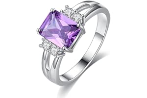 Lozeux Silver Plated Emerald Cut Created Morganite Amethyst Cubic Zirconia Filled Engagement Wedding Proposal Promise Ring Band for Women Ladies Lover Jewelry