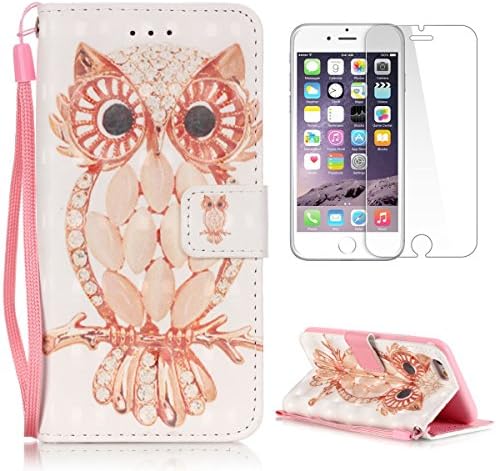 Apple iPhone 6 Plus Wallet Case [with Free Screen Protector],CasesHome Stylish 3D Pattern Magnetic Wrist Strap Built-in Soft Rubber Bumper Flip Leather Holster - Owl and Diamond