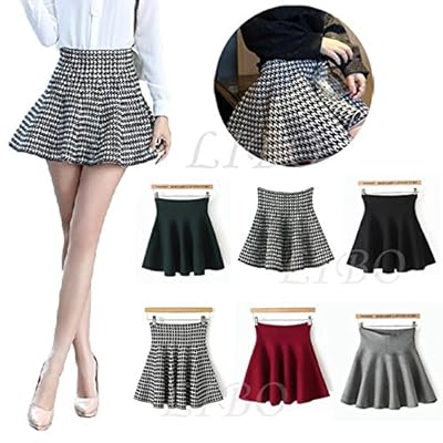 Gaorui Womens Knitted High Waist Short Plain Flared Skirt Pleated Skater Mini Dress