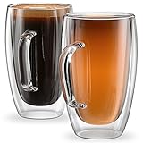 Stone & Mill Set of 2 Large Double Walled Glass Coffee Cups, 15 Ounce Sicilia Collection, Tall Insulated Mugs for Espresso, Latte, Cappuccino, Tea, Box Set AM-13
