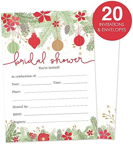 Christmas Bridal Shower Invitations 20 Ct with Envelopes Fill In Style - Red and Green Ornament Bridal Shower Invitations - Wedding Shower - Winter Bridal Shower Invitations