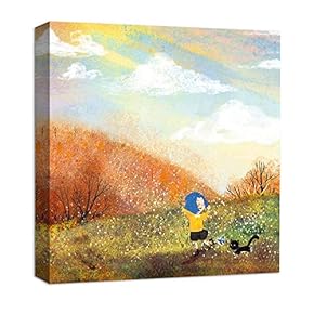 Canvas Wall Art Colorful Sky Beautiful Autumn Girl Running Painting Artwork for Home Decor Framed for Children - 12x12 inches