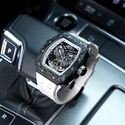 TSAR BOMBA Watch for Men, 50M Waterproof Automatic Mens Watch, Skeleton Mechanical Tonneau Big Face Dial Black Watch with Silicone Watch Bands, Gifts for Men