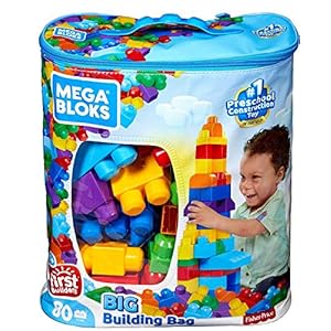 Mega Bloks First Builders Big Building Bag with Big Building Blocks, Building Toys for Toddlers (80 Pieces) - Blue Bag