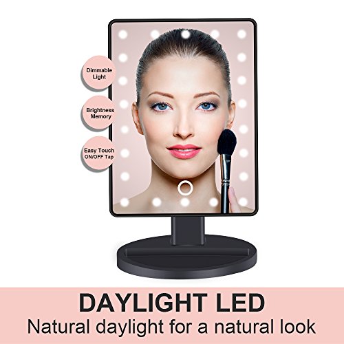 BEW Lighted Makeup Mirror/Vanity Mirror with 22 LED lights &Touch Screen Dimming, Detachable 10X Magnification Spot Mirror,Valentine's Day Gift (Black)
