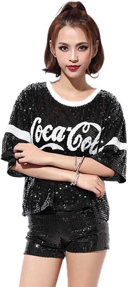 Angcoco Women's Loose Fit Fashion Sequins Paillette Glitter Hip-hop Top Shirt