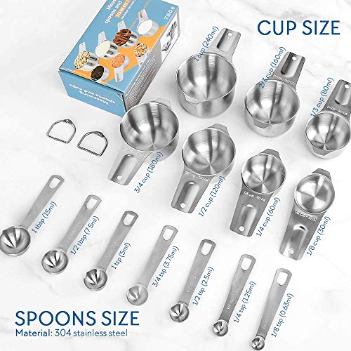 Measuring Cups Set Stainless Steel Measuring Cups and Spoons Set of 14: 7 Measuring Cups and 7 Measuring Spoons with 2 D-Rings for Dry Measurement Liquid Ingredients Cooking Baking, Best Kitchen Gadge - Thumbnail 4