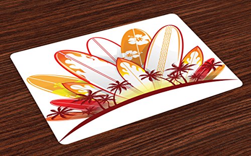 Lunarable Surfboard Place Mats Set of 4, Island Surfboards Holidays
Paddle Sunset Australia Joy Entertaining, Washable Fabric Placemats for
Dining Room Kitchen Table Decor, Marigold White Burgundy