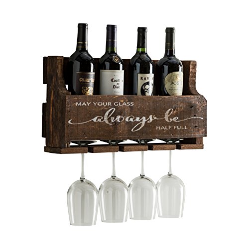del Hutson Designs The Little Elm Wine Rack w/Quote 'May Your Glass Alway Be Half Full, USA Handmade Reclaimed Wood, Wall Mounted, 4 Bottle 4 Long Stem Glass Holder (Walnut) - Thumbnail 2