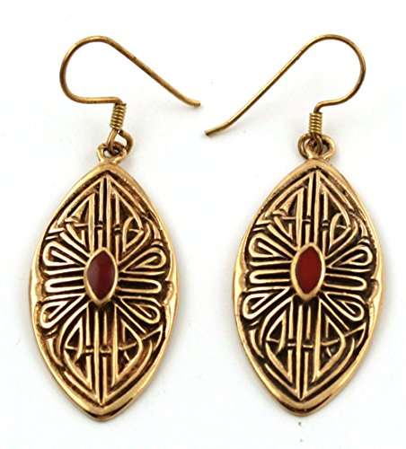 Bronze Bohemian Hippie Boho Gemstone Inlay Drop Dangle Earrings Vintage Thailand Jewelry (Red Lapis)