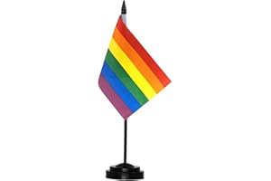 Anley Rainbow Deluxe Desk Flag Set - 6 x 4 Inch Miniature LGBTQ Desktop Flag with 12" Solid Pole - Vivid Color and Fade Resistant - Black Base and Spear Top