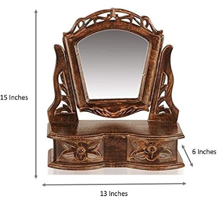 DCore Crafts Gift Item Wooden Hand Carved Mini Dressing Mirror Cabinet With 2 Drawers (13 X 6 X 15 Inches)