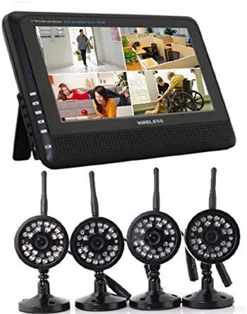 Wireless Digital Home 4ch DVR Infrared Security Camera System with 7'' LED Monitor Support Motion Detecting and Video Storage for Warehoues Garage Backyard Surveillance CCTV