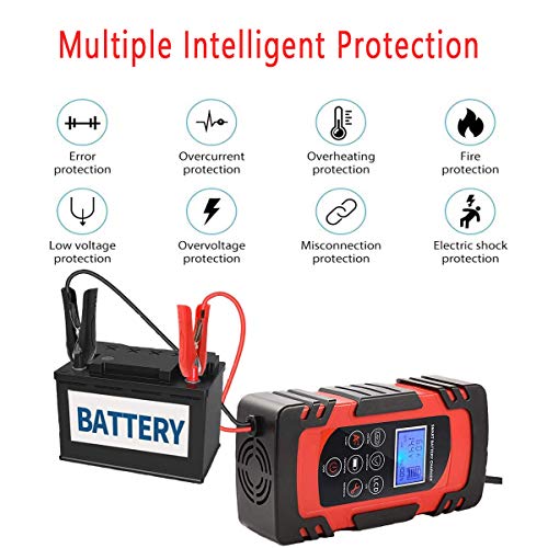 Luoges Car Battery Charger 12V 4A/6A/8A 24V 4A | Smart Automotive Trickle Charger with LCD Display for Car Truck Motorcycle Lawn Mower SUV SLA ATV RV SUV Wet AGM Gel Cell Lead Acid Battery (Red)